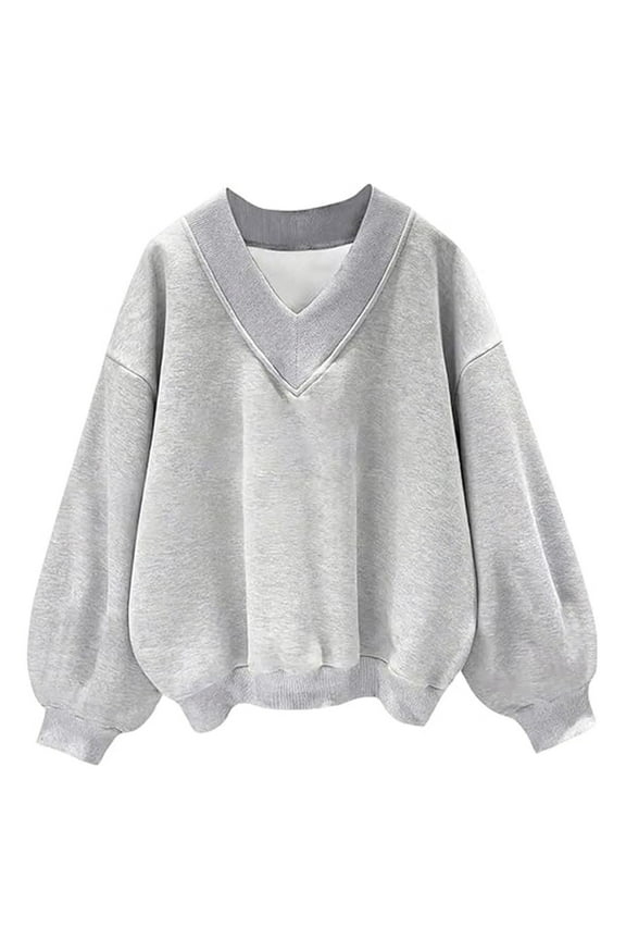 Women's Oversize V Neck Pullover Sweatshirt Long Sleeve Solid Casual Comfortable Soft Loose Fit Top