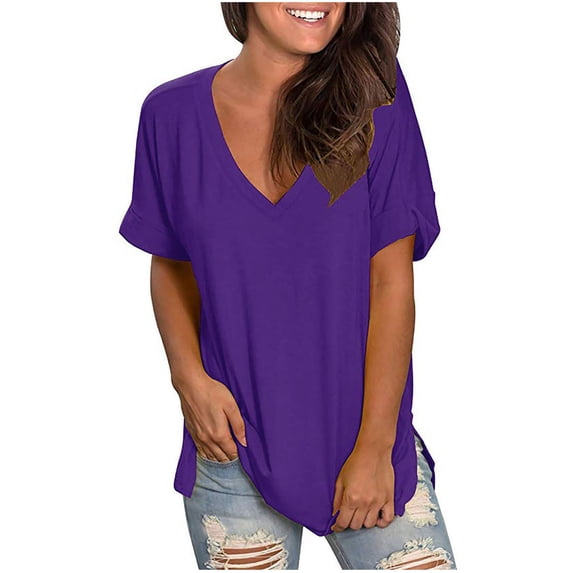 Women's Oversize V Neck Short Sleeve T Shirts Summer Basic Solid Tops 2026 Casual Loose Tees Trending