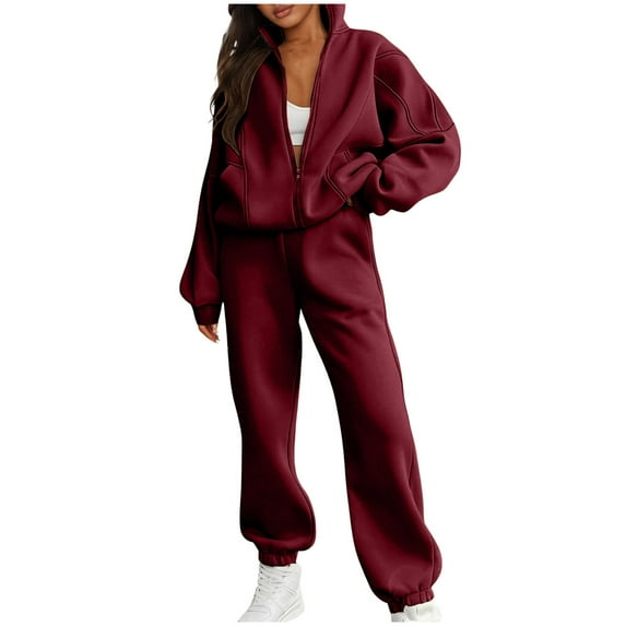 Women's Oversized 2 Piece Fleece Sweatsuit - Zip Up Hoodie & High Waist Wide Leg Joggers Set with Pockets, Comfy Winter Lounge Airport Outfits