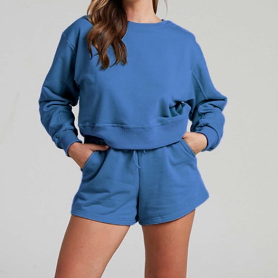 Women's Oversized 2 Piece Lounge Sets Fall Outfits 2023 Long Sleeve Cozy Casual Pajamas Short Sweatsuit Sets Womens Casual Tacksuit Matching Sets, S&Blue