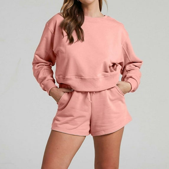 Women's Oversized 2 Piece Lounge Sets Fall Outfits 2023 Long Sleeve Cozy Casual Pajamas Short Sweatsuit Sets Womens Casual Tacksuit Matching Sets, XL&Pink