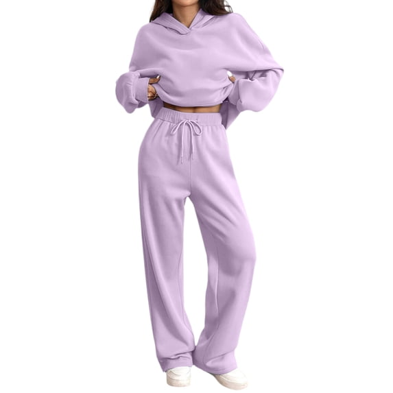 Women's Oversized 2 Piece Sweatsuit Set Hoodie Wide Leg Sweatpants Casual Lounge Outfit Light Purple M