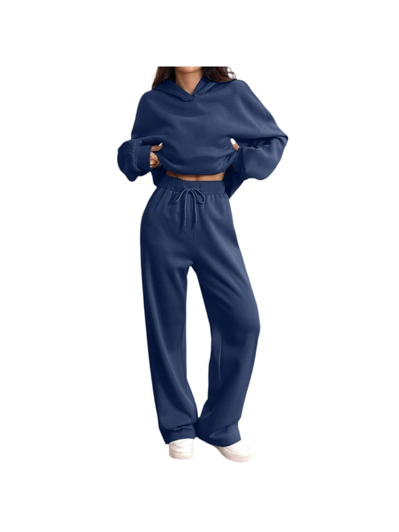 Women's Oversized 2 Piece Sweatsuit Set Hoodie Wide Leg Sweatpants Casual Lounge Outfit Navy M