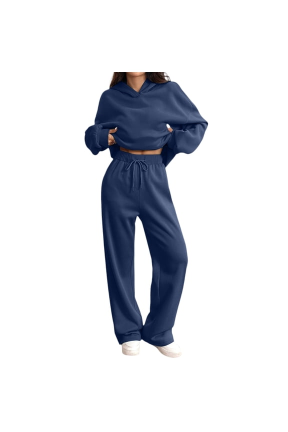 Women's Oversized 2 Piece Sweatsuit Set Hoodie Wide Leg Sweatpants Casual Lounge Outfit Navy S