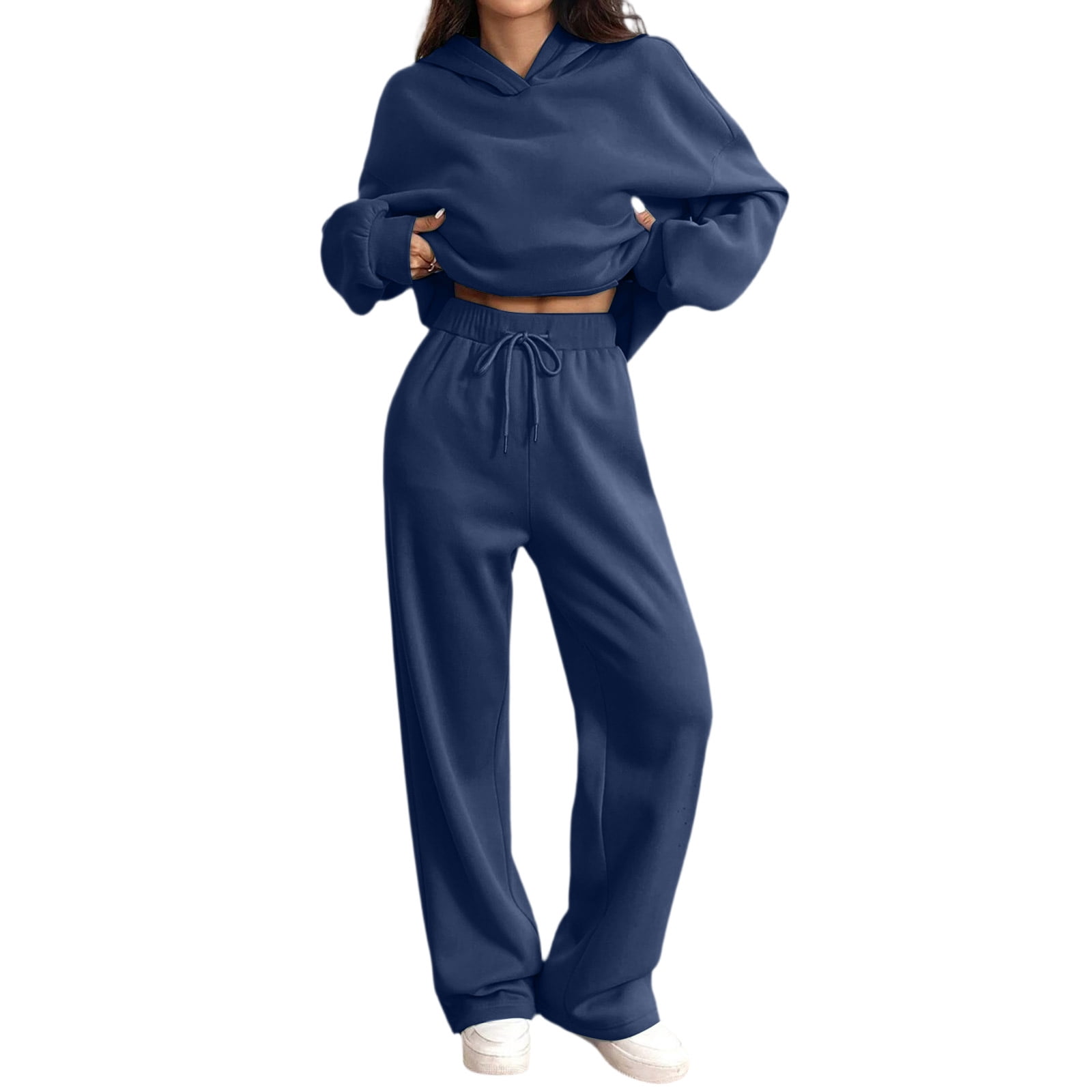 Women's Oversized 2 Piece Sweatsuit Set Hoodie Wide Leg Sweatpants Casual Lounge Outfit Navy XL