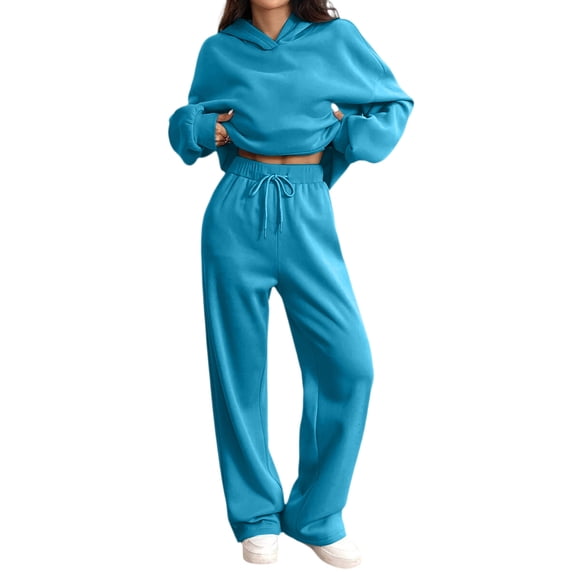Women's Oversized 2 Piece Sweatsuit Set Hoodie Wide Leg Sweatpants Casual Lounge Outfit Royal Blue S