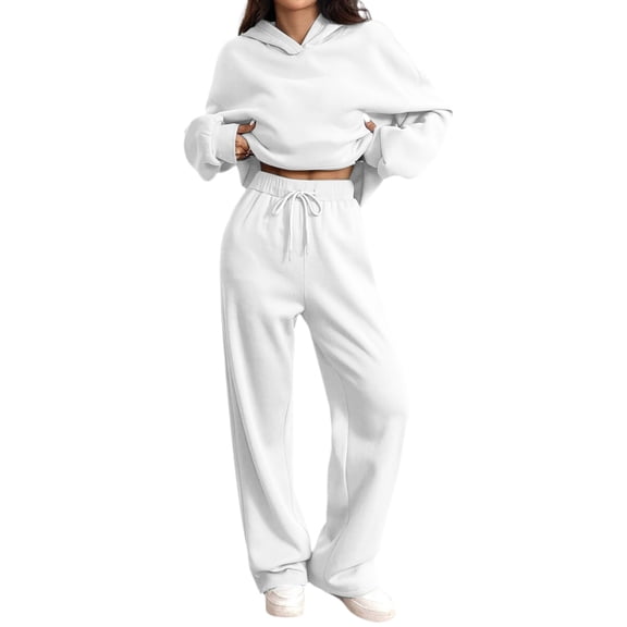 Women's Oversized 2 Piece Sweatsuit Set Hoodie Wide Leg Sweatpants Casual Lounge Outfit White L