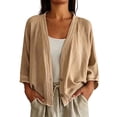 thumbnail image 1 of Women's Oversized 3/4 Sleeve Linen Cardigan Open Front Button Cropped Loose Casual Daily Shirt Tops Khaki Soft Loose Fitting Cardigan for Daily Wear XXL, 1 of 7
