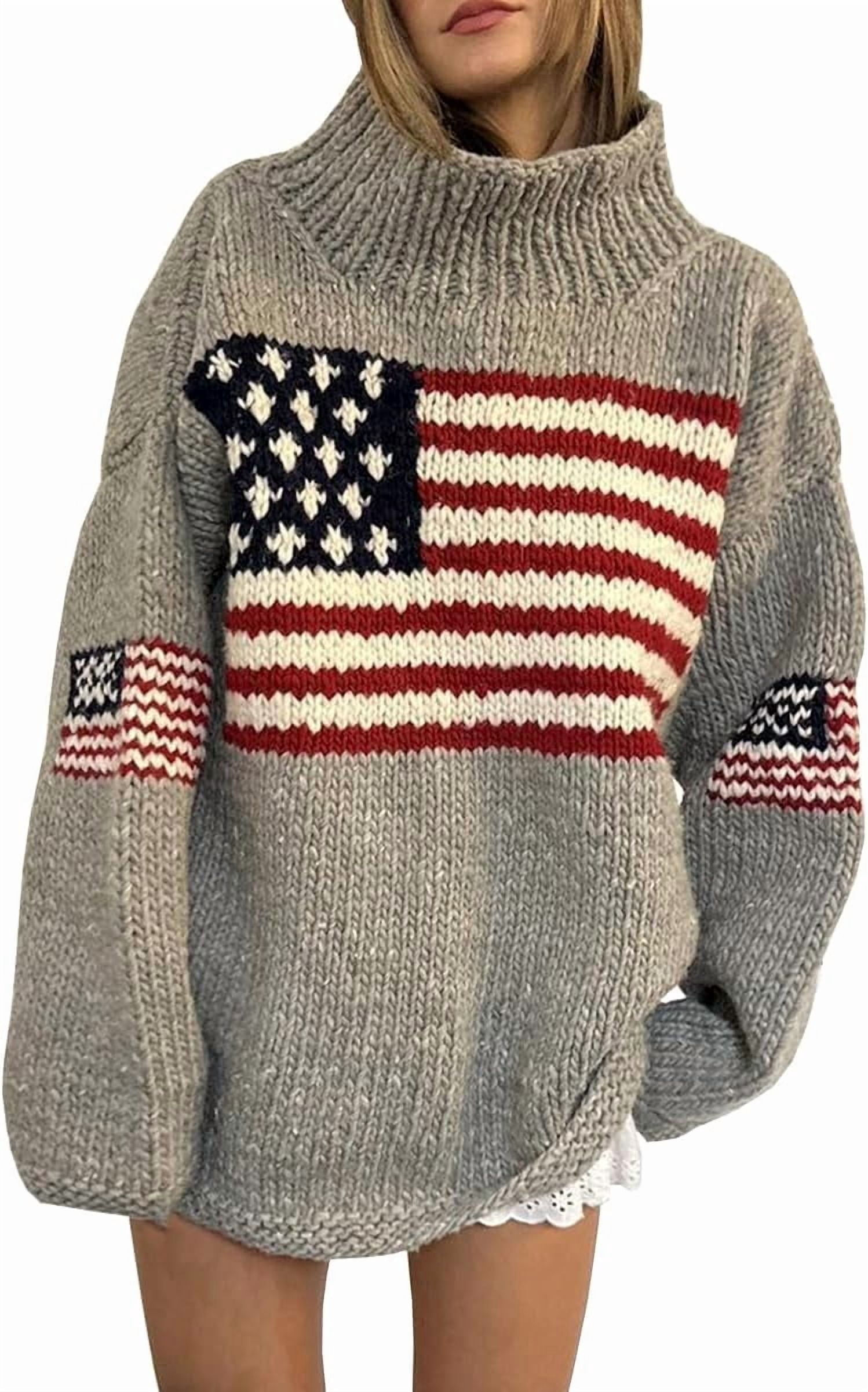 NOBRAND Women's American Flag Oversized Turtleneck Long Sleeve Knit Pullover Sweater