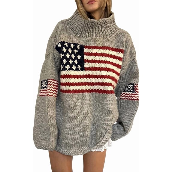 NOBRAND Women's American Flag Oversized Turtleneck Long Sleeve Knit Pullover Sweater