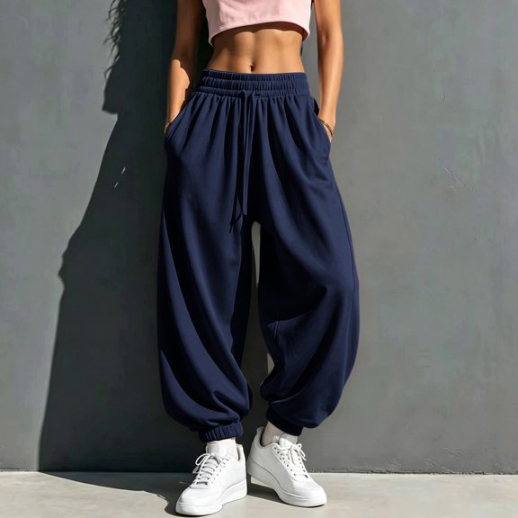 Women's Oversized Baggy Jogger Sweatpants Full Drawstring Elastic Waist Roomy Side Pockets Balloon Tapered Cut for Streetwear Navy S