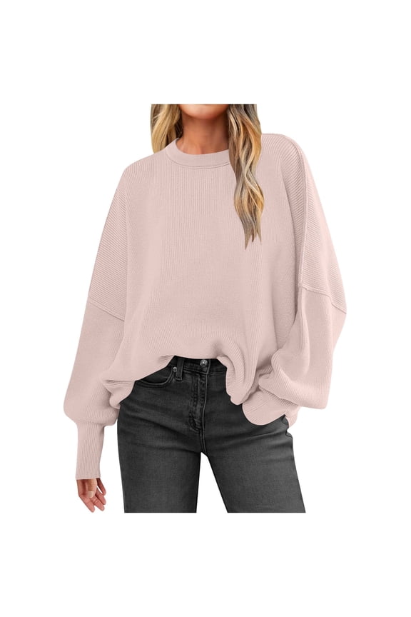 Women's Oversized Batwing Long Sleeve Crewneck Side Slit Ribbed Knit Pullover Sweater Tops