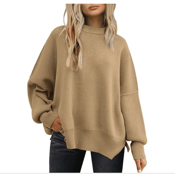 Women's Oversized Batwing Sweaters Fall Outfits Trendy Crewneck Knit Side Slit Fashion Pullover Tops