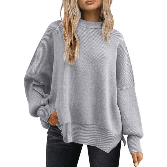 Women's Oversized Batwing Sweaters Fall Outfits Trendy Crewneck Knit Side Slit Fashion Pullover Tops