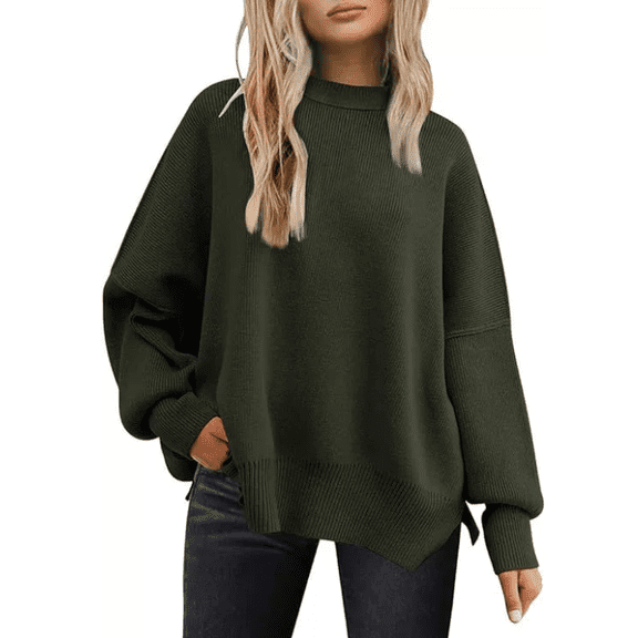 Women's Oversized Batwing Sweaters Fall Outfits Trendy Crewneck Knit Side Slit Fashion Pullover Tops