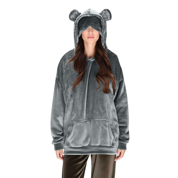 Women's Oversized Bear Ears Hoodie, Double-Sided Fleece Pullover with Pockets & Eye Visor, Cozy Winter Loungewear, Fuzzy Sweatshirt, Cute Animal Hoodie Dark Gray S