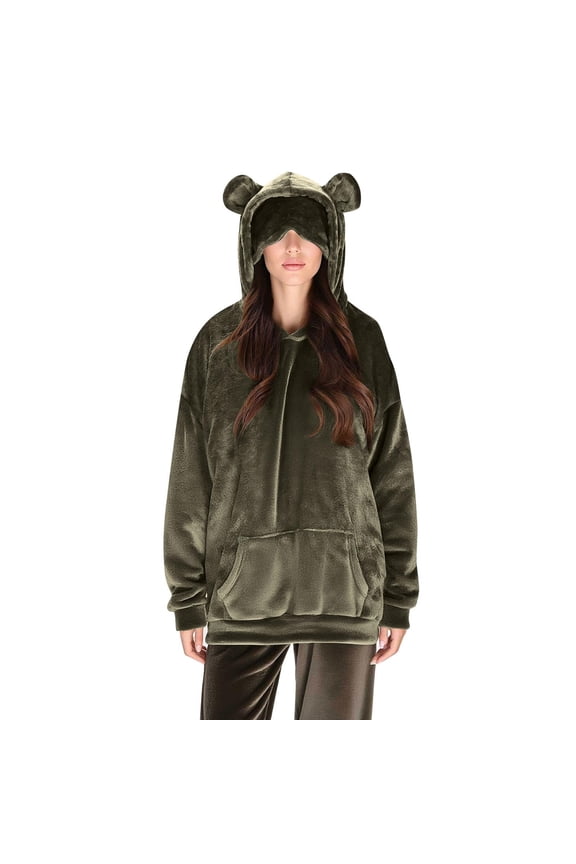 Women's Oversized Bear Ears Hoodie, Double-Sided Fleece Pullover with Pockets & Eye Visor, Cozy Winter Loungewear, Fuzzy Sweatshirt, Cute Animal Hoodie Green XXL