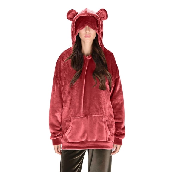 Women's Oversized Bear Ears Hoodie, Double-Sided Fleece Pullover with Pockets & Eye Visor, Cozy Winter Loungewear, Fuzzy Sweatshirt, Cute Animal Hoodie Red S