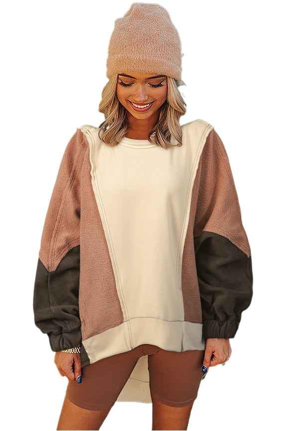 Women's Oversized Beige Color Block Patchwork High-Low Hoodie | [ZhiHiMeRi] | (US 12-14)L