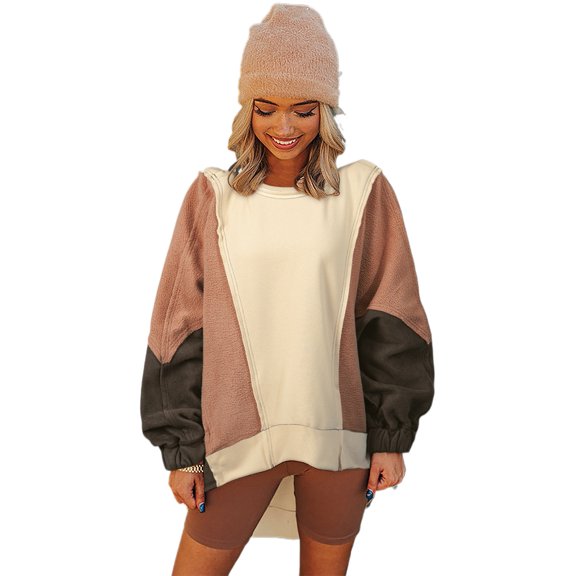 Women's Oversized Beige Color Block Patchwork High-Low Hoodie | [ZhiHiMeRi] | (US 16-18)XL