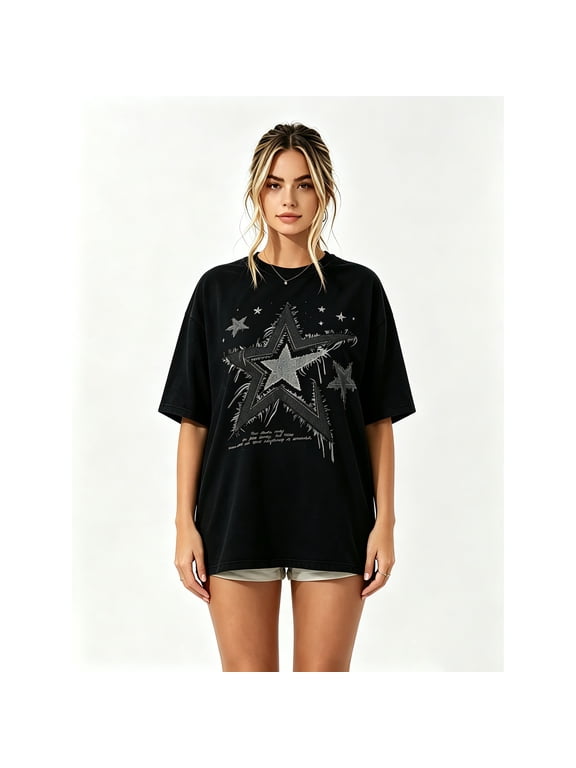 Women's Oversized Black T-Shirt with Distressed Star Graphic, Loose Fit Grunge Streetwear Tee Top