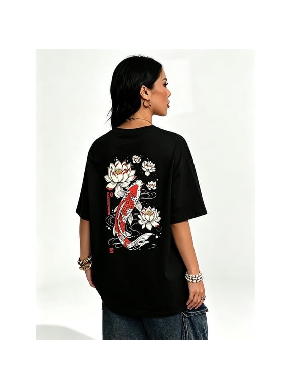 Women's Oversized Black T-Shirt with Koi Fish and Lotus Graphic, Loose Fit Streetwear Tee Top