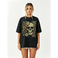 thumbnail image 1 of Women's Oversized Black T-Shirt with Skull and Floral Graphic, Loose Fit Vintage Streetwear Tee Top, 1 of 7