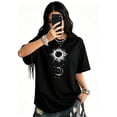 thumbnail image 1 of Women's Oversized Black T-Shirt with Sun Moon and Stars Graphic, Loose Fit Casual Mystical Tee Top, 1 of 8