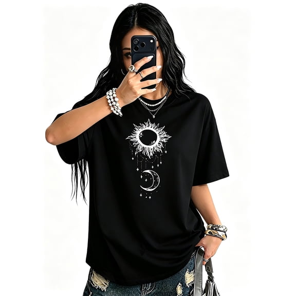 Women's Oversized Black T-Shirt with Sun Moon and Stars Graphic, Loose Fit Casual Mystical Tee Top
