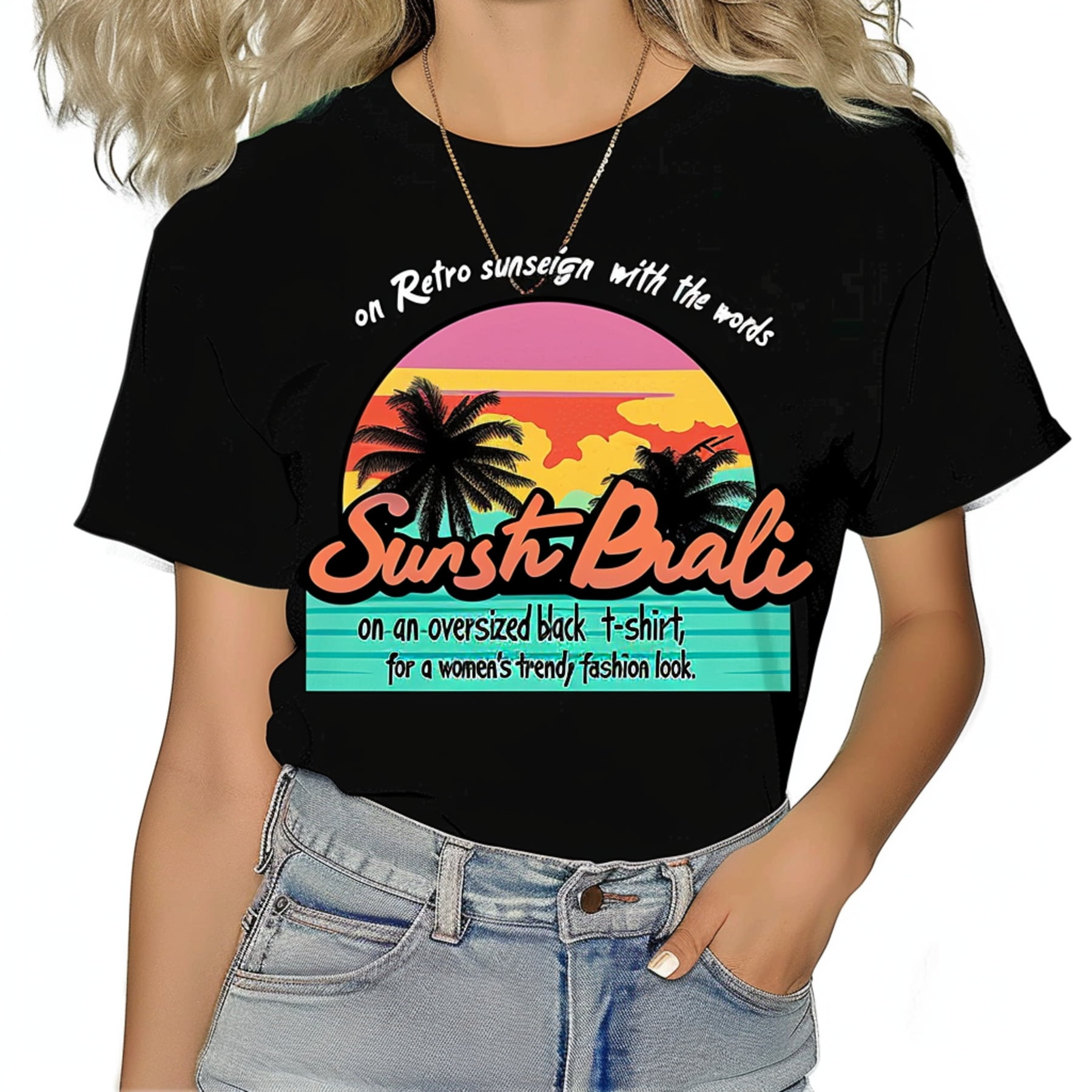 Women's Oversized Black Tee with Retro Sunset Design Trendy South Beach ...