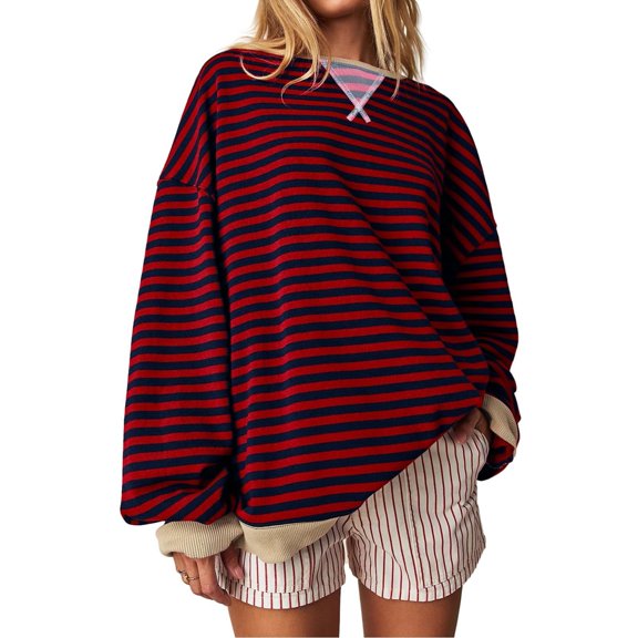 Women's Oversized Blouses Striped Color Blocking Long Sleeved Round Neck Sports T-Shirts Casual Loose O-Neck Pullover Shirt Tops