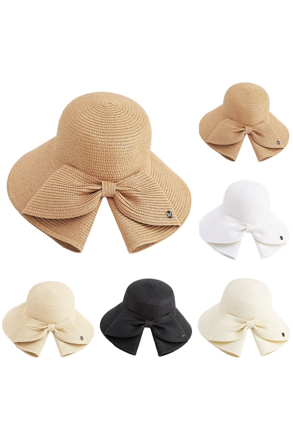 Women's Oversized Bowknot Sun Hat with Wide Brim and Foldable Woven Straw Featuring Elegant 'M' Logo Accent White