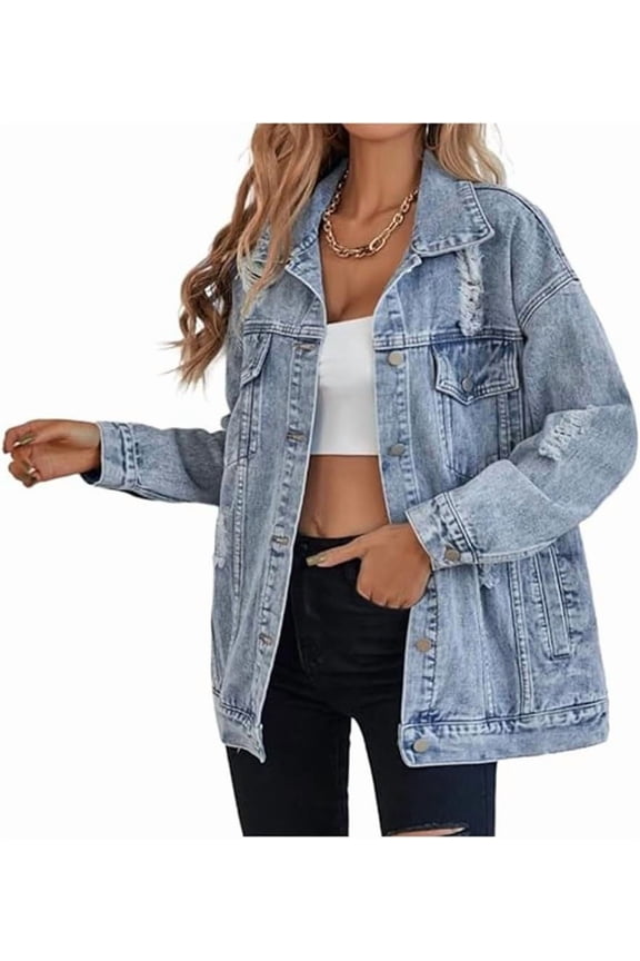 Women’s Oversized Boyfriend Denim Jacket – Long Distressed Ripped Vintage Jean Coat, Casual Loose-Fit Streetwear Outerwear