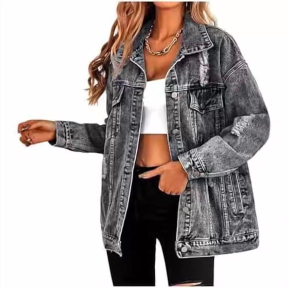 Women’s Oversized Boyfriend Denim Jacket – Long Distressed Ripped Vintage Jean Coat, Casual Loose-Fit Streetwear Outerwear