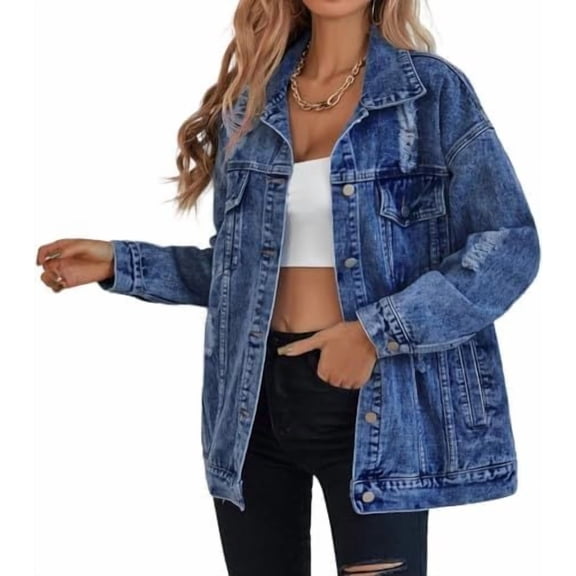 Women’s Oversized Boyfriend Denim Jacket – Long Distressed Ripped Vintage Jean Coat, Casual Loose-Fit Streetwear Outerwear