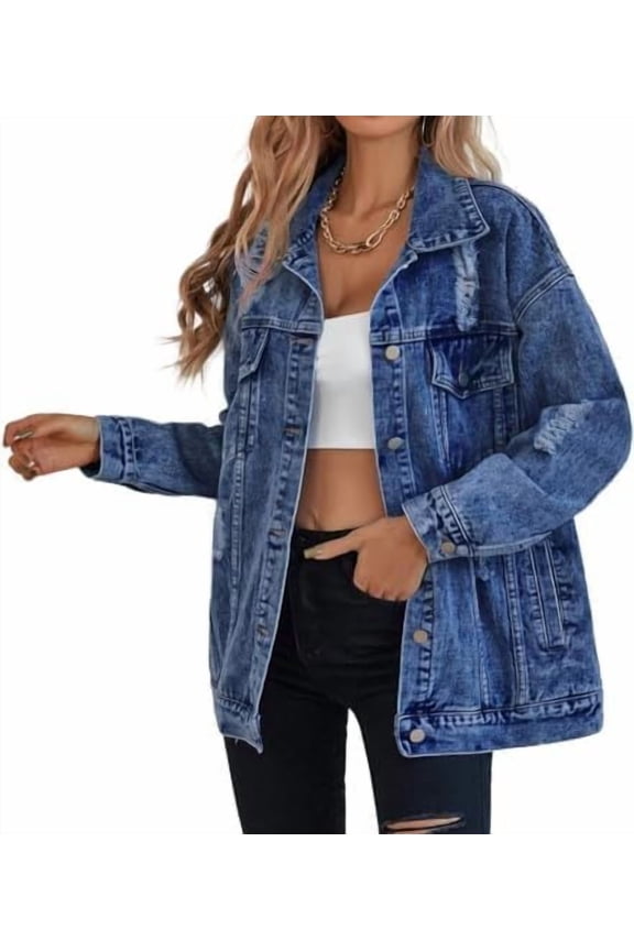 Women’s Oversized Boyfriend Denim Jacket – Long Distressed Ripped Vintage Jean Coat, Casual Loose-Fit Streetwear Outerwear