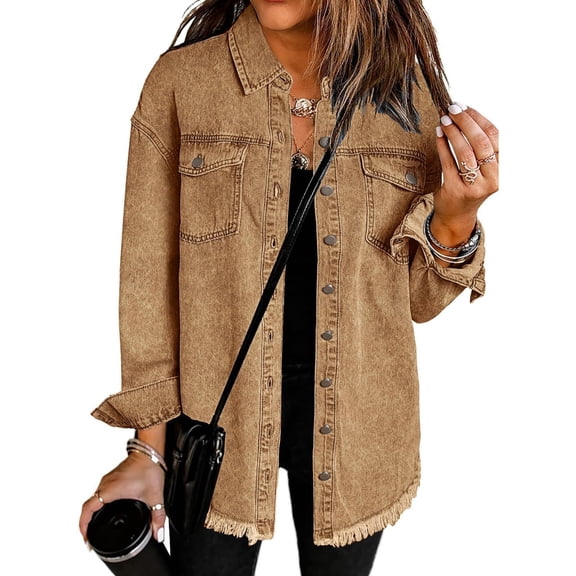 Women's Oversized Boyfriend Denim Jacket, Long Sleeve Lapel Jean Shacket with Raw Frayed Hem, Casual Jacket for Spring & Fall