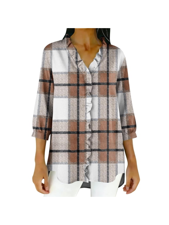 Women's Oversized Buffalo Plaid Button Shirts Boxy Ruffle Trim 3/4 Sleeve Gingham V Neck Casual Loose Blouse