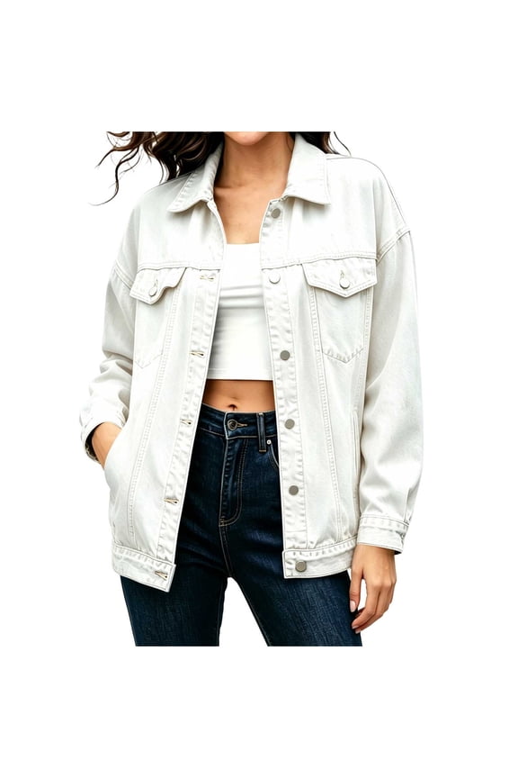 Women's Oversized Button Down Denim Jacket Lapel Long Sleeve Loose Casual Jean Coat with Pockets Vintage Washed Fall Outerwear White