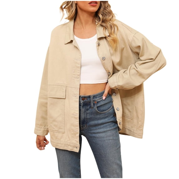 Women's Oversized Button Down Denim Shirt Western Vintage Jean Shirts Shacket Casual Loose Long Sleeve Lightweight Jacket with Pockets