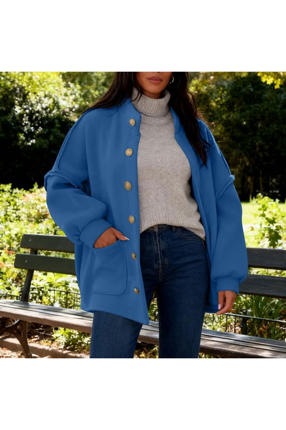 Women's Oversized Button Down Jacket Fleece Long Sleeve Coat Fall Winter Mock Neck Casual Outerwear with Pockets Blue M
