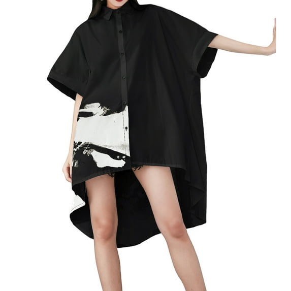 Women's Oversized Button Down Shirt Dresses Batwing Sleeves High Low Top for Summer GY1827 Black