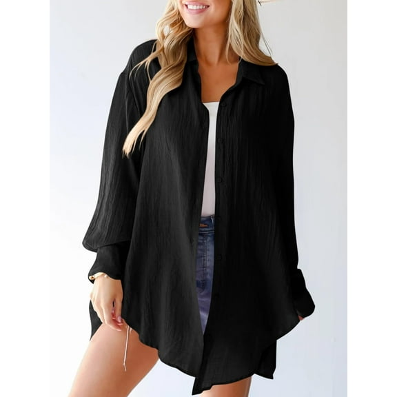 Women's Oversized Button-Down Shirt Long Sleeve Irregular Hem Shirt Top