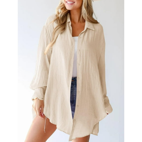 Women's Oversized Button-Down Shirt Long Sleeve Irregular Hem Shirt Top