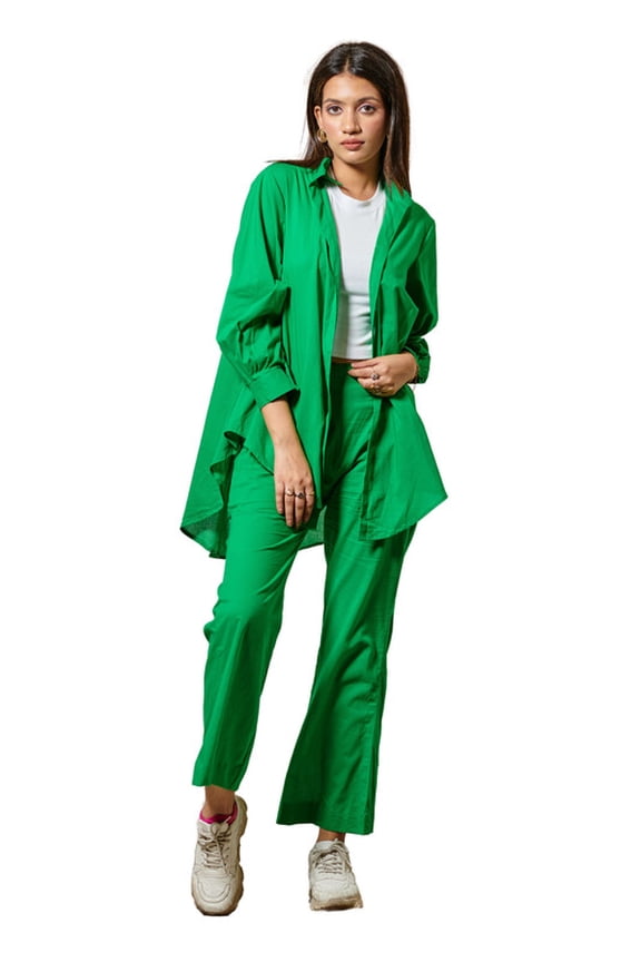 Women's Oversized Button-Down Shirt and Trousers Set - Vibrant Green