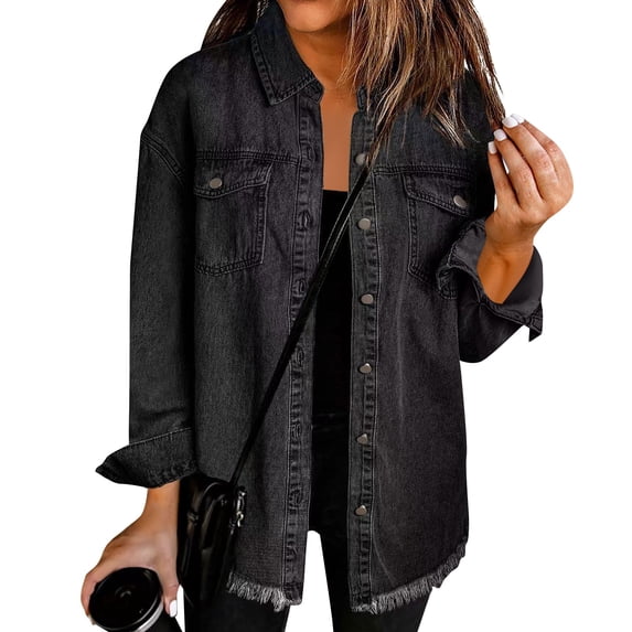 Women’s Oversized Button Up Frayed Hem Shacket Long Sleeve Pockets Denim Jean Jacket Black 2XL