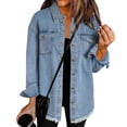 thumbnail image 1 of Women’s Oversized Button Up Frayed Hem Shacket Long Sleeve Pockets Denim Jean Jacket Blue M, 1 of 5