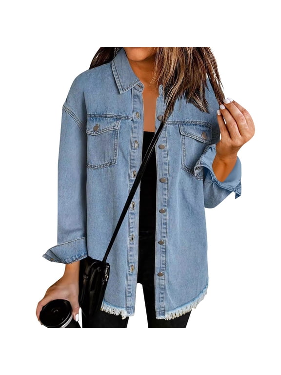 Women’s Oversized Button Up Frayed Hem Shacket Long Sleeve Pockets Denim Jean Jacket Blue XL
