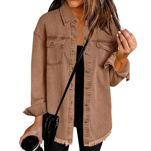 Women’s Oversized Button Up Frayed Hem Shacket Long Sleeve Pockets Denim Jean Jacket Brown XL