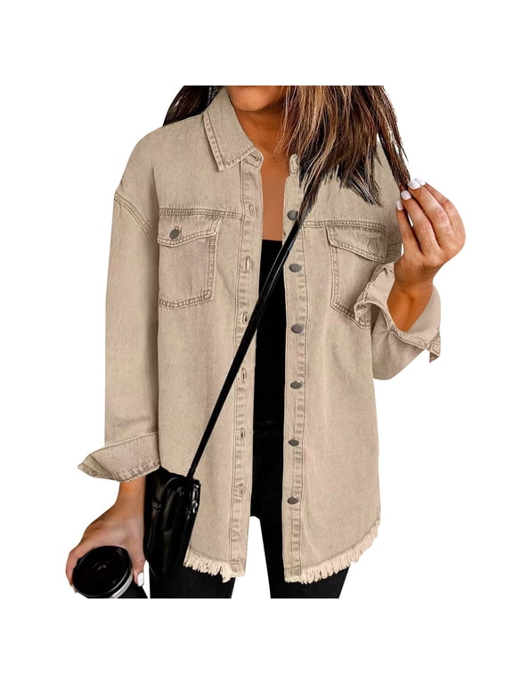 Women’s Oversized Button Up Frayed Hem Shacket Long Sleeve Pockets Denim Jean Jacket Brown XL